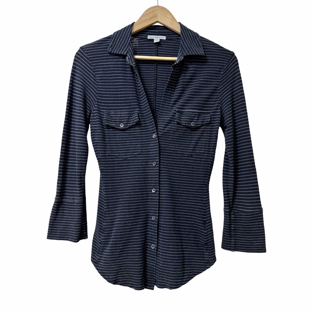 Standard JAMES PERSE Womens Slub Button Up Stripe 3/4 Sleeve Shirt Size 1/S Navy